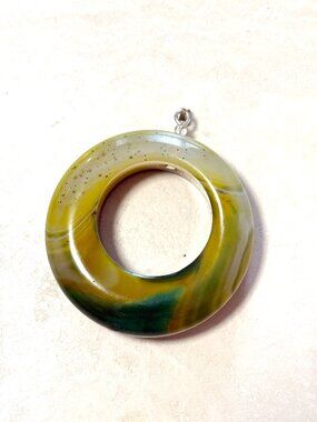 Green Yellow Agate Donut Minimalist Pendant, Large Translucent Gemstone Pendant